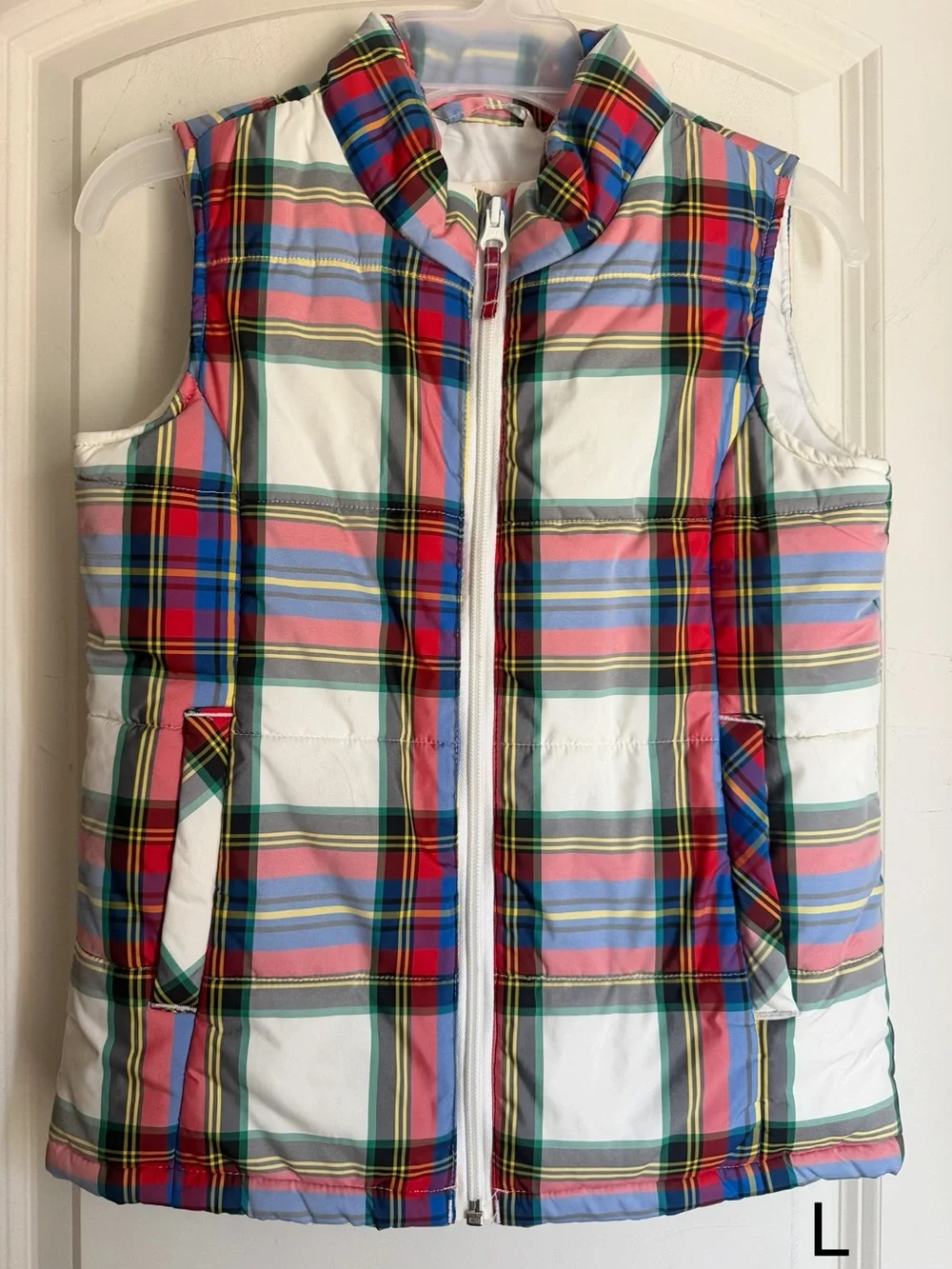 LANDS END KIDS red Blue Black Yellow green Plaid Poly Zip Front Puffer Vest M